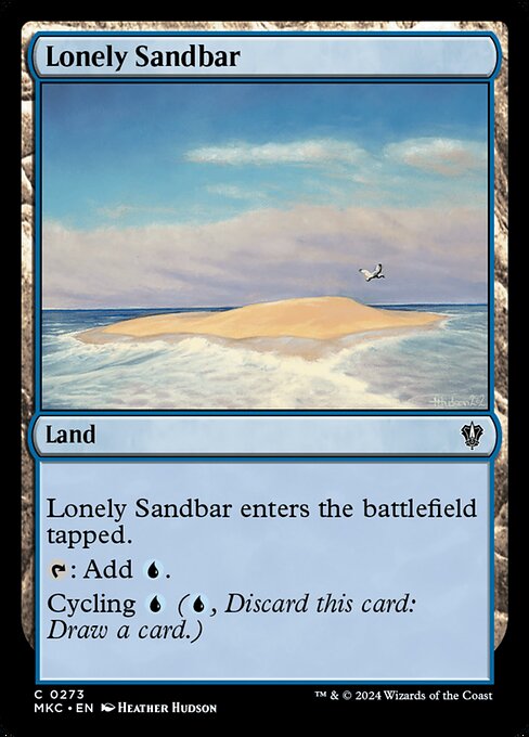 Lonely Sandbar enters the battlefield tapped.
{T}: Add {U}.
Cycling {U} ({U}, Discard this card: Draw a card.)