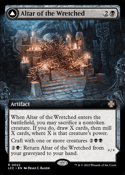 When this artifact enters, you may sacrifice a nontoken creature. If you do, draw X cards, then mill X cards, where X is that creature's power.
Craft with one or more creatures {2}{B}{B}
{2}{B}: Return this card from your graveyard to your hand.   Wretched Bonemass's power and toughness are each equal to the total power of the exiled cards used to craft it.
This creature has flying as long as an exiled card used to craft it has flying. The same is true for first strike, double strike, deathtouch