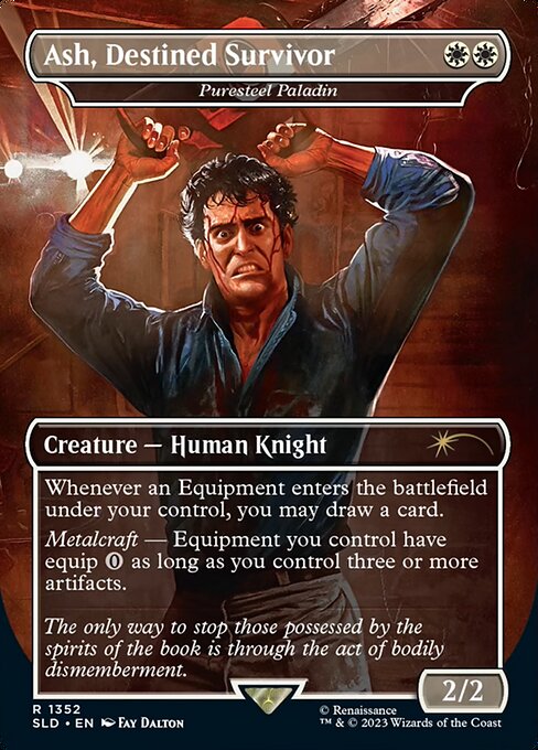 Whenever an Equipment enters the battlefield under your control, you may draw a card.
Metalcraft — Equipment you control have equip {0} as long as you control three or more artifacts.