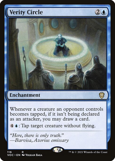 Whenever a creature an opponent controls becomes tapped, if it isn't being declared as an attacker, you may draw a card.
{4}{U}: Tap target creature without flying.