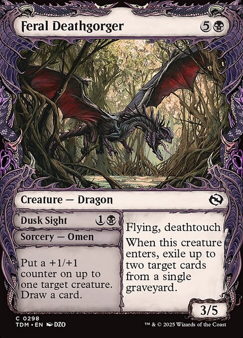 Flying, deathtouch
When this creature enters, exile up to two target cards from a single graveyard.   Put a +1/+1 counter on up to one target creature. Draw a card. (Then shuffle this card into its owner's library.)