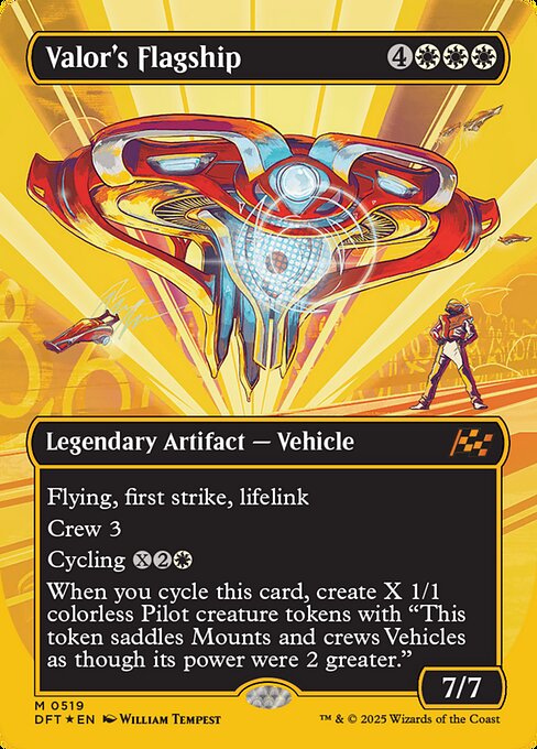 Flying, first strike, lifelink
Crew 3
Cycling {X}{2}{W} ({X}{2}{W}, Discard this card: Draw a card.)
When you cycle this card, create X 1/1 colorless Pilot creature tokens with "This token saddles Mounts and crews Vehicles as though its power were 2 greater."