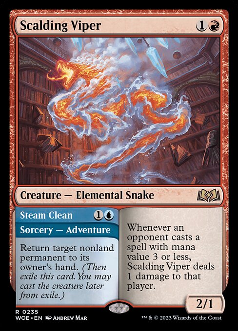 Whenever an opponent casts a spell with mana value 3 or less, Scalding Viper deals 1 damage to that player.   Return target nonland permanent to its owner's hand. (Then exile this card. You may cast the creature later from exile.)