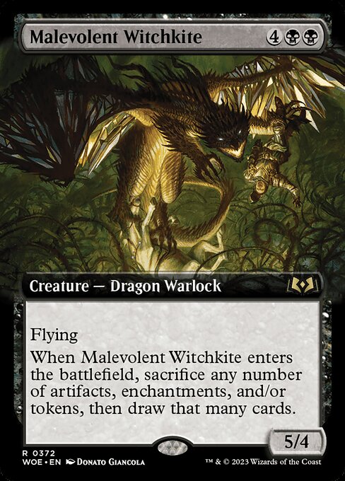 Flying
When Malevolent Witchkite enters the battlefield, sacrifice any number of artifacts, enchantments, and/or tokens, then draw that many cards.