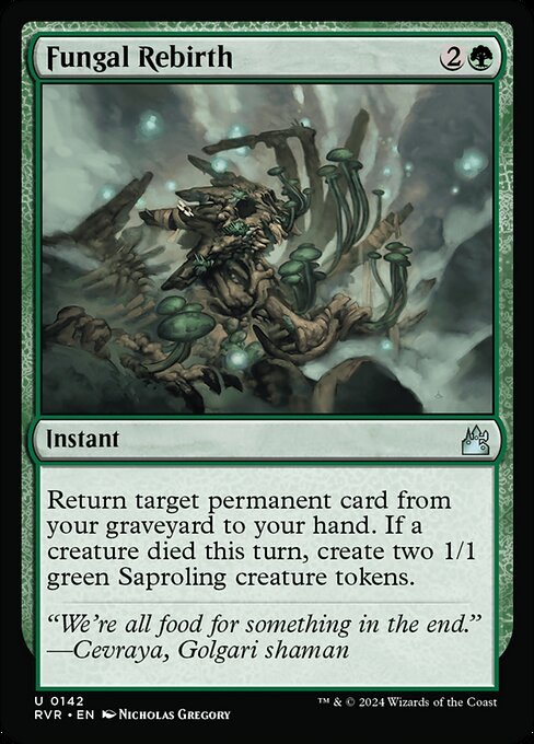 Return target permanent card from your graveyard to your hand. If a creature died this turn, create two 1/1 green Saproling creature tokens.