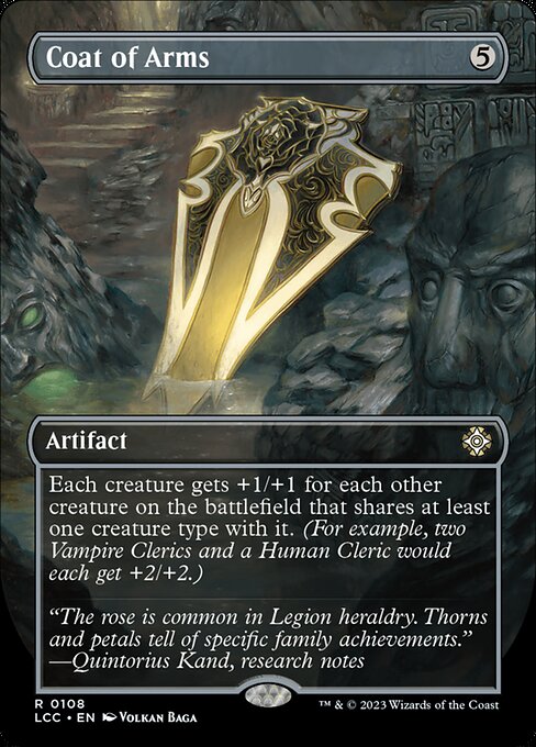 Each creature gets +1/+1 for each other creature on the battlefield that shares at least one creature type with it. (For example, if two Goblin Warriors and a Goblin Shaman are on the battlefield, each gets +2/+2.)
