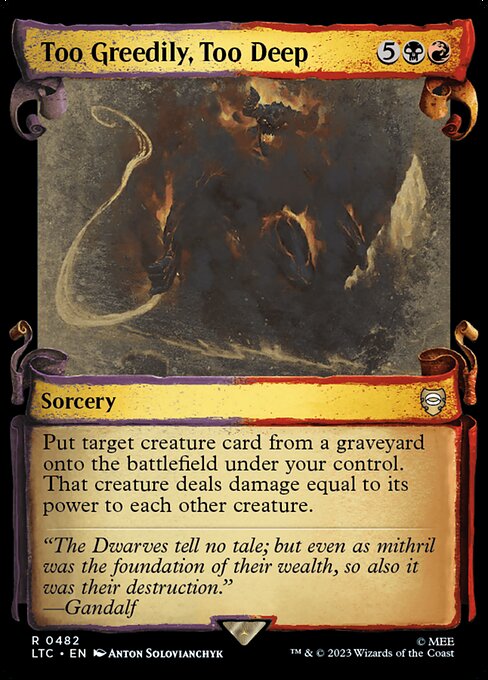 Put target creature card from a graveyard onto the battlefield under your control. That creature deals damage equal to its power to each other creature.