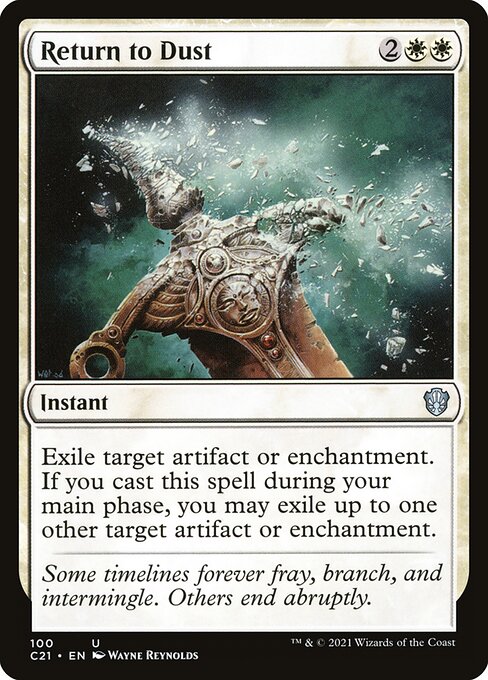 Exile target artifact or enchantment. If you cast this spell during your main phase, you may exile up to one other target artifact or enchantment.