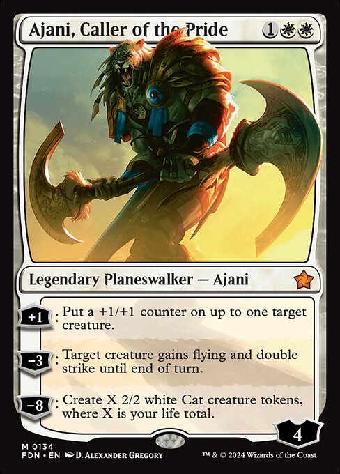 +1: Put a +1/+1 counter on up to one target creature.
−3: Target creature gains flying and double strike until end of turn.
−8: Create X 2/2 white Cat creature tokens, where X is your life total.