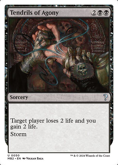 Target player loses 2 life and you gain 2 life.
Storm (When you cast this spell, copy it for each spell cast before it this turn. You may choose new targets for the copies.)