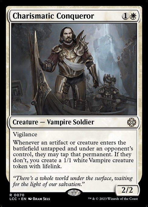 Vigilance
Whenever an artifact or creature an opponent controls enters untapped, they may tap that permanent. If they don't, you create a 1/1 white Vampire creature token with lifelink.