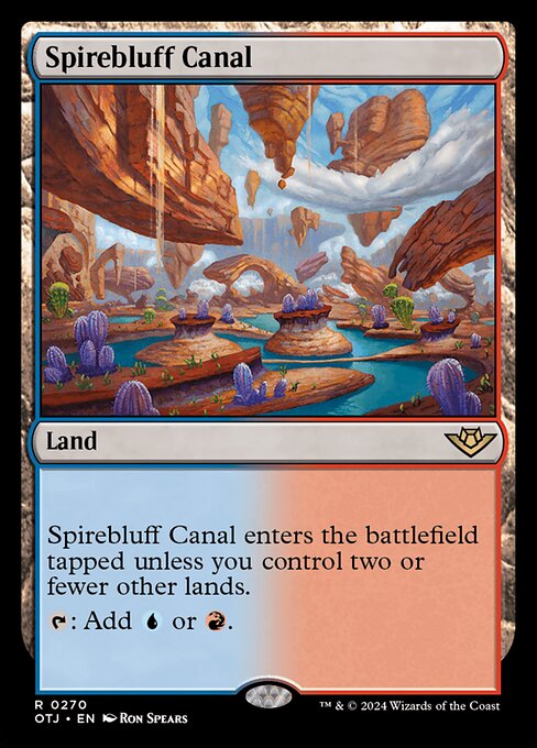 Spirebluff Canal enters the battlefield tapped unless you control two or fewer other lands.
{T}: Add {U} or {R}.