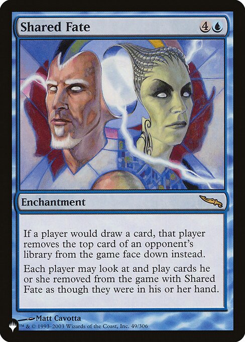 If a player would draw a card, that player exiles the top card of one of their opponents' libraries face down instead.
Each player may look at cards they exiled with Shared Fate, and they may play lands and cast spells from among those cards.