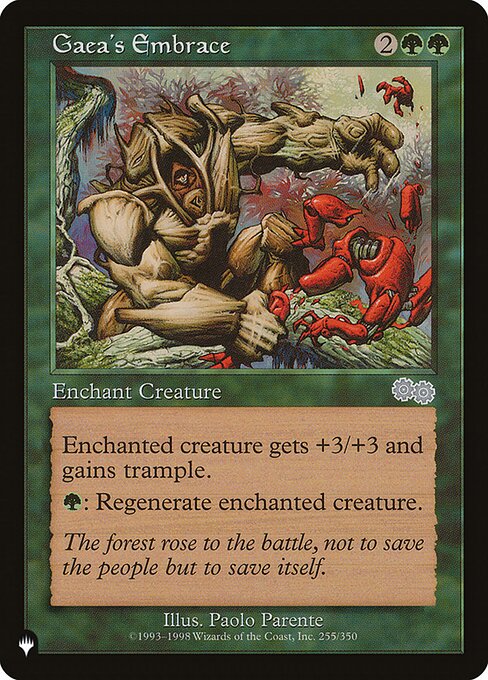 Enchant creature
Enchanted creature gets +3/+3 and has trample.
{G}: Regenerate enchanted creature.