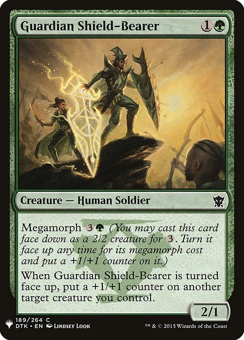 Megamorph {3}{G} (You may cast this card face down as a 2/2 creature for {3}. Turn it face up any time for its megamorph cost and put a +1/+1 counter on it.)
When Guardian Shield-Bearer is turned face up, put a +1/+1 counter on another target creature you control.