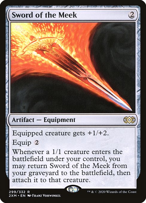 Equipped creature gets +1/+2.
Equip {2}
Whenever a 1/1 creature enters the battlefield under your control, you may return Sword of the Meek from your graveyard to the battlefield, then attach it to that creature.