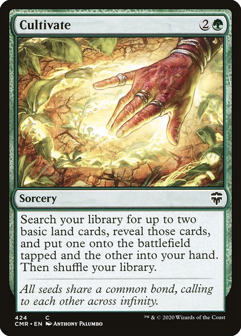 Search your library for up to two basic land cards, reveal those cards, put one onto the battlefield tapped and the other into your hand, then shuffle.