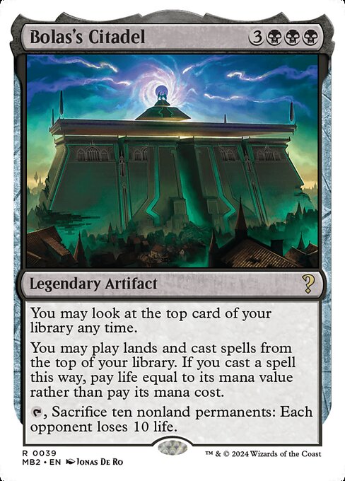 You may look at the top card of your library any time.
You may play lands and cast spells from the top of your library. If you cast a spell this way, pay life equal to its mana value rather than pay its mana cost.
{T}, Sacrifice ten nonland permanents: Each opponent loses 10 life.