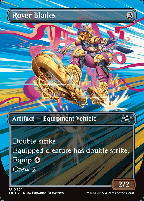 Double strike
Equipped creature has double strike.
Equip {4}
Crew 2 (Tap any number of creatures you control with total power 2 or more: This Vehicle becomes an artifact creature until end of turn. Creatures can't be attached to other permanents.)