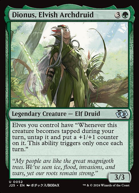 Elves you control have "Whenever this creature becomes tapped during your turn, untap it and put a +1/+1 counter on it. This ability triggers only once each turn."