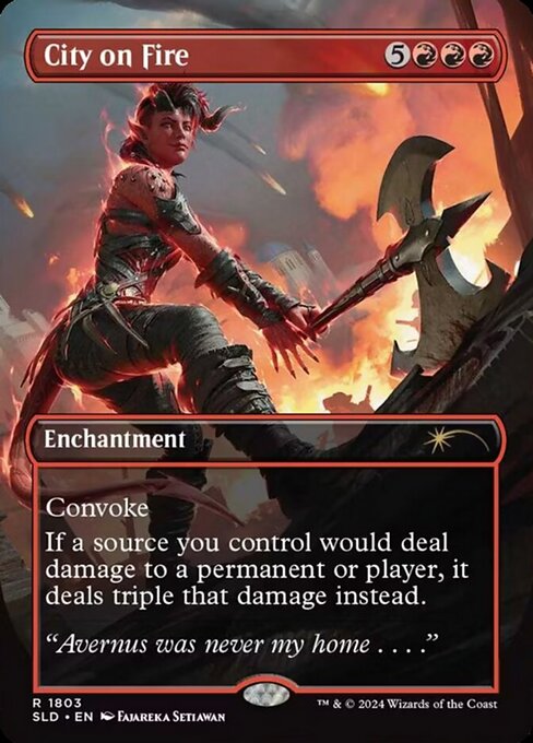 Convoke (Your creatures can help cast this spell. Each creature you tap while casting this spell pays for {1} or one mana of that creature's color.)
If a source you control would deal damage to a permanent or player, it deals triple that damage instead.