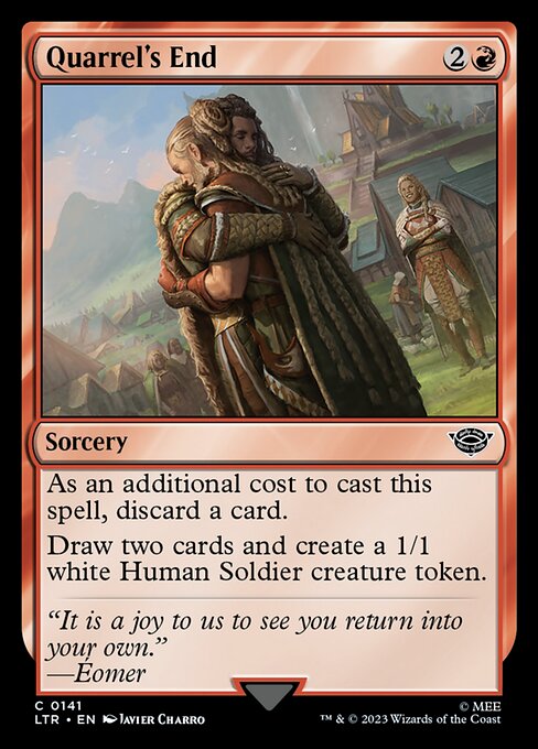 As an additional cost to cast this spell, discard a card.
Draw two cards and create a 1/1 white Human Soldier creature token.