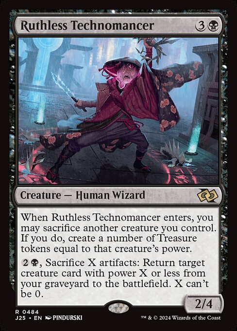 When Ruthless Technomancer enters, you may sacrifice another creature you control. If you do, create a number of Treasure tokens equal to that creature's power.
{2}{B}, Sacrifice X artifacts: Return target creature card with power X or less from your graveyard to the battlefield. X can't be 0.