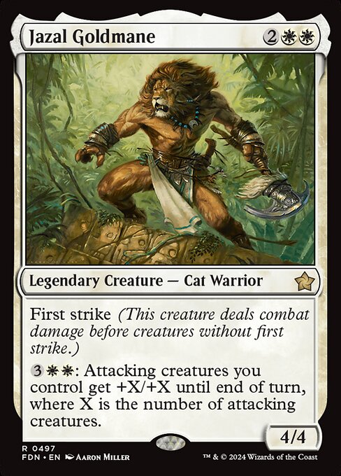 First strike (This creature deals combat damage before creatures without first strike.)
{3}{W}{W}: Attacking creatures you control get +X/+X until end of turn, where X is the number of attacking creatures.