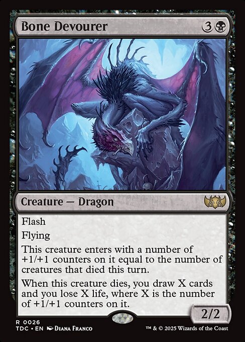 Flash
Flying
This creature enters with a number of +1/+1 counters on it equal to the number of creatures that died this turn.
When this creature dies, you draw X cards and you lose X life, where X is the number of +1/+1 counters on it.