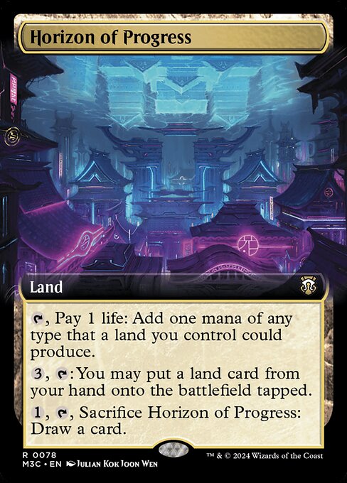 {T}, Pay 1 life: Add one mana of any type that a land you control could produce.
{3}, {T}: You may put a land card from your hand onto the battlefield tapped.
{1}, {T}, Sacrifice Horizon of Progress: Draw a card.