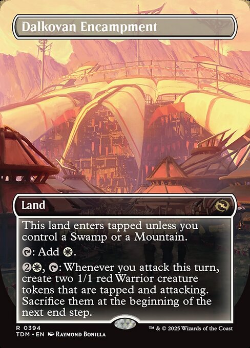 This land enters tapped unless you control a Swamp or a Mountain.
{T}: Add {W}.
{2}{W}, {T}: Whenever you attack this turn, create two 1/1 red Warrior creature tokens that are tapped and attacking. Sacrifice them at the beginning of the next end step.