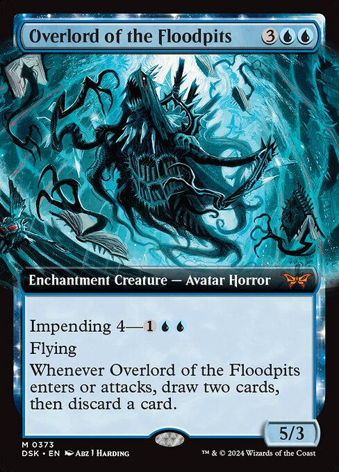 Impending 4—{1}{U}{U} (If you cast this spell for its impending cost, it enters with four time counters and isn't a creature until the last is removed. At the beginning of your end step, remove a time counter from it.)
Flying
Whenever Overlord of the Floodpits enters or attacks, draw two cards, then discard a card.