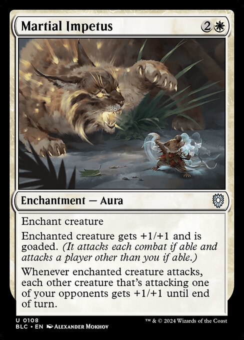 Enchant creature
Enchanted creature gets +1/+1 and is goaded. (It attacks each combat if able and attacks a player other than you if able.)
Whenever enchanted creature attacks, each other creature that's attacking one of your opponents gets +1/+1 until end of turn.