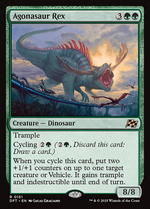 Trample
Cycling {2}{G} ({2}{G}, Discard this card: Draw a card.)
When you cycle this card, put two +1/+1 counters on up to one target creature or Vehicle. It gains trample and indestructible until end of turn.