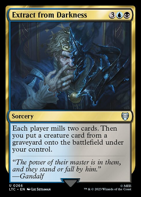 Each player mills two cards. Then you put a creature card from a graveyard onto the battlefield under your control.