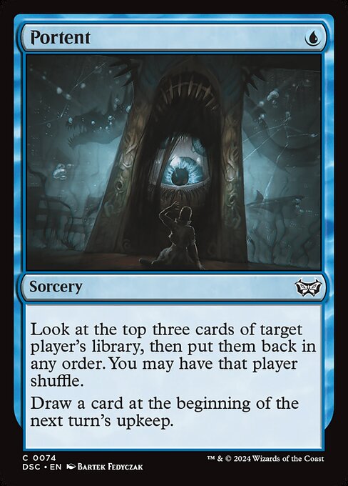 Look at the top three cards of target player's library, then put them back in any order. You may have that player shuffle.
Draw a card at the beginning of the next turn's upkeep.