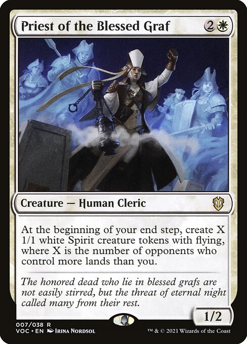 At the beginning of your end step, create X 1/1 white Spirit creature tokens with flying, where X is the number of opponents who control more lands than you.