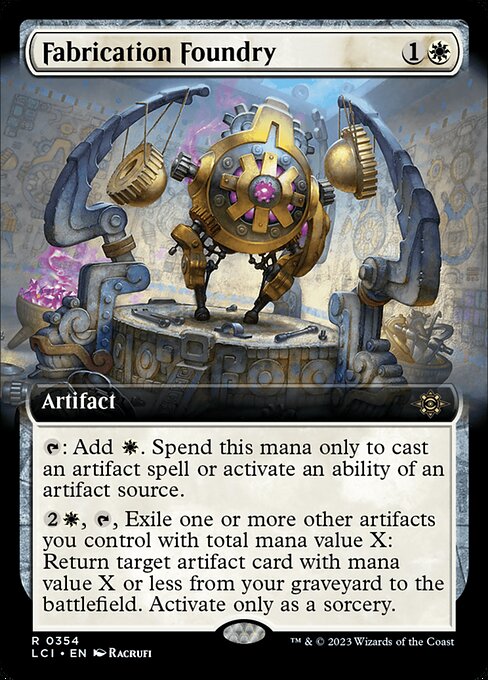 {T}: Add {W}. Spend this mana only to cast an artifact spell or activate an ability of an artifact source.
{2}{W}, {T}, Exile one or more other artifacts you control with total mana value X: Return target artifact card with mana value X or less from your graveyard to the battlefield. Activate only as a sorcery.