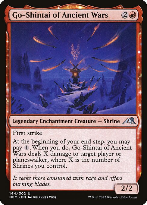First strike
At the beginning of your end step, you may pay {1}. When you do, Go-Shintai of Ancient Wars deals X damage to target player or planeswalker, where X is the number of Shrines you control.