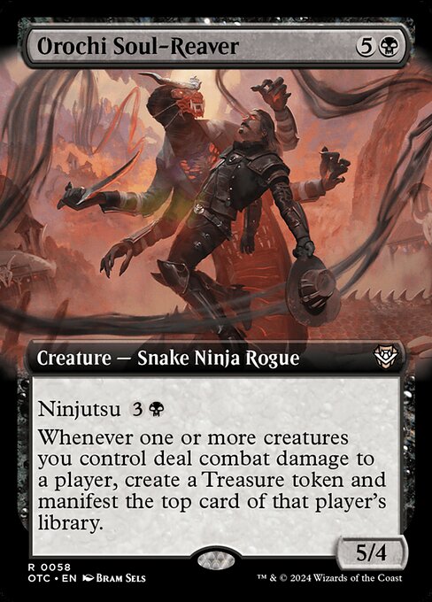 Ninjutsu {3}{B} ({3}{B}, Return an unblocked attacker you control to hand: Put this card onto the battlefield from your hand tapped and attacking.)
Whenever one or more creatures you control deal combat damage to a player, create a Treasure token and manifest the top card of that player's library. (Put it onto the battlefield face down as a 2/2 creature. Turn it face up any time for its mana cost if it's a creature card.)