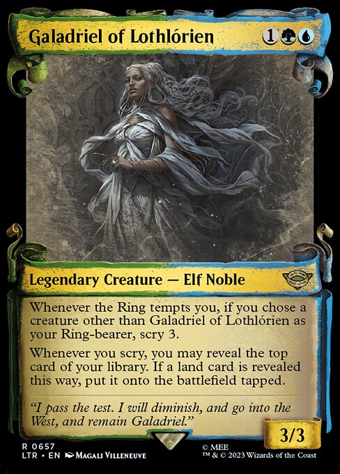 Whenever the Ring tempts you, if you chose a creature other than Galadriel of Lothlórien as your Ring-bearer, scry 3.
Whenever you scry, you may reveal the top card of your library. If a land card is revealed this way, put it onto the battlefield tapped.