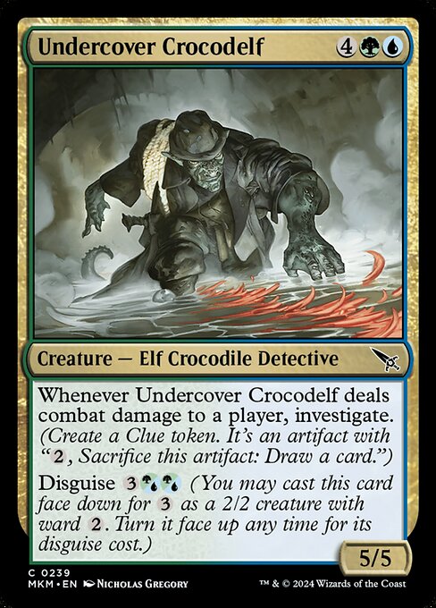 Whenever Undercover Crocodelf deals combat damage to a player, investigate. (Create a Clue token. It's an artifact with "{2}, Sacrifice this artifact: Draw a card.")
Disguise {3}{G/U}{G/U} (You may cast this card face down for {3} as a 2/2 creature with ward {2}. Turn it face up any time for its disguise cost.)