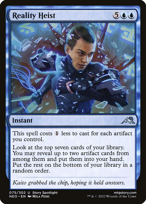This spell costs {1} less to cast for each artifact you control.
Look at the top seven cards of your library. You may reveal up to two artifact cards from among them and put them into your hand. Put the rest on the bottom of your library in a random order.