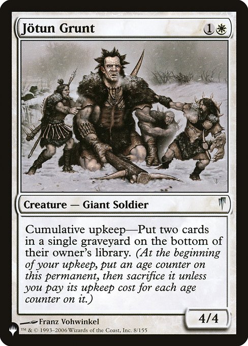 Cumulative upkeep—Put two cards from a single graveyard on the bottom of their owner's library. (At the beginning of your upkeep, put an age counter on this permanent, then sacrifice it unless you pay its upkeep cost for each age counter on it.)