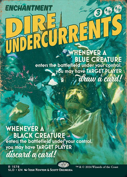 Whenever a blue creature you control enters, you may have target player draw a card.
Whenever a black creature you control enters, you may have target player discard a card.