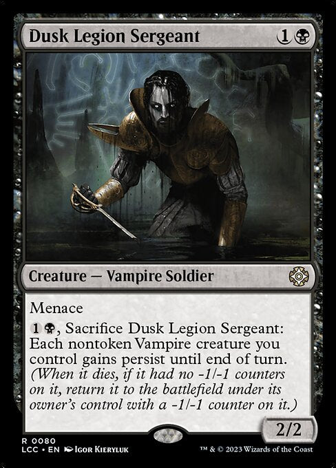 Menace
{1}{B}, Sacrifice this creature: Each nontoken Vampire creature you control gains persist until end of turn. (When it dies, if it had no -1/-1 counters on it, return it to the battlefield under its owner's control with a -1/-1 counter on it.)