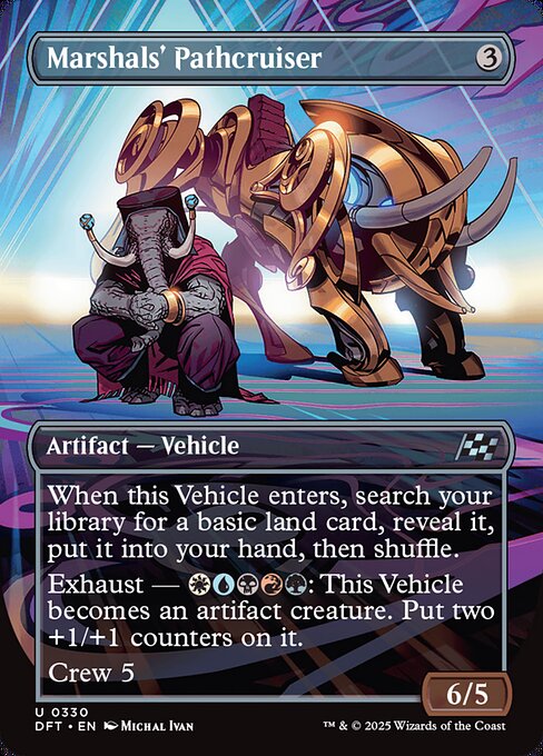 When this Vehicle enters, search your library for a basic land card, reveal it, put it into your hand, then shuffle.
Exhaust — {W}{U}{B}{R}{G}: This Vehicle becomes an artifact creature. Put two +1/+1 counters on it. (Activate each exhaust ability only once.)
Crew 5