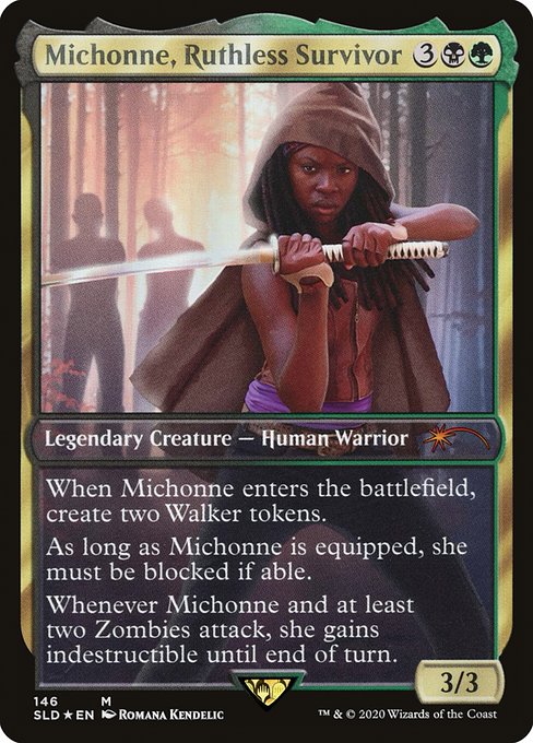 When Enkira, Hostile Scavenger enters the battlefield, create two Walker tokens. (They're 2/2 black Zombie creatures.)
As long as Enkira is equipped, it must be blocked if able.
Whenever Enkira and at least two Zombies attack, Enkira gains indestructible until end of turn.