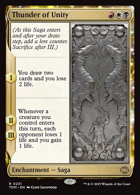 (As this Saga enters step, add a lore counter. Sacrifice after III.)
I — You draw two cards and you lose 2 life.
II, III — Whenever a creature you control enters this turn, each opponent loses 1 life and you gain 1 life.