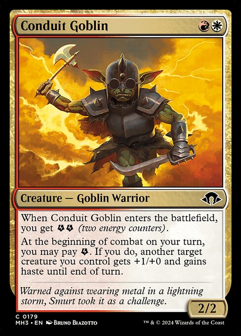 When Conduit Goblin enters the battlefield, you get {E}{E} (two energy counters).
At the beginning of combat on your turn, you may pay {E}. If you do, another target creature you control gets +1/+0 and gains haste until end of turn.